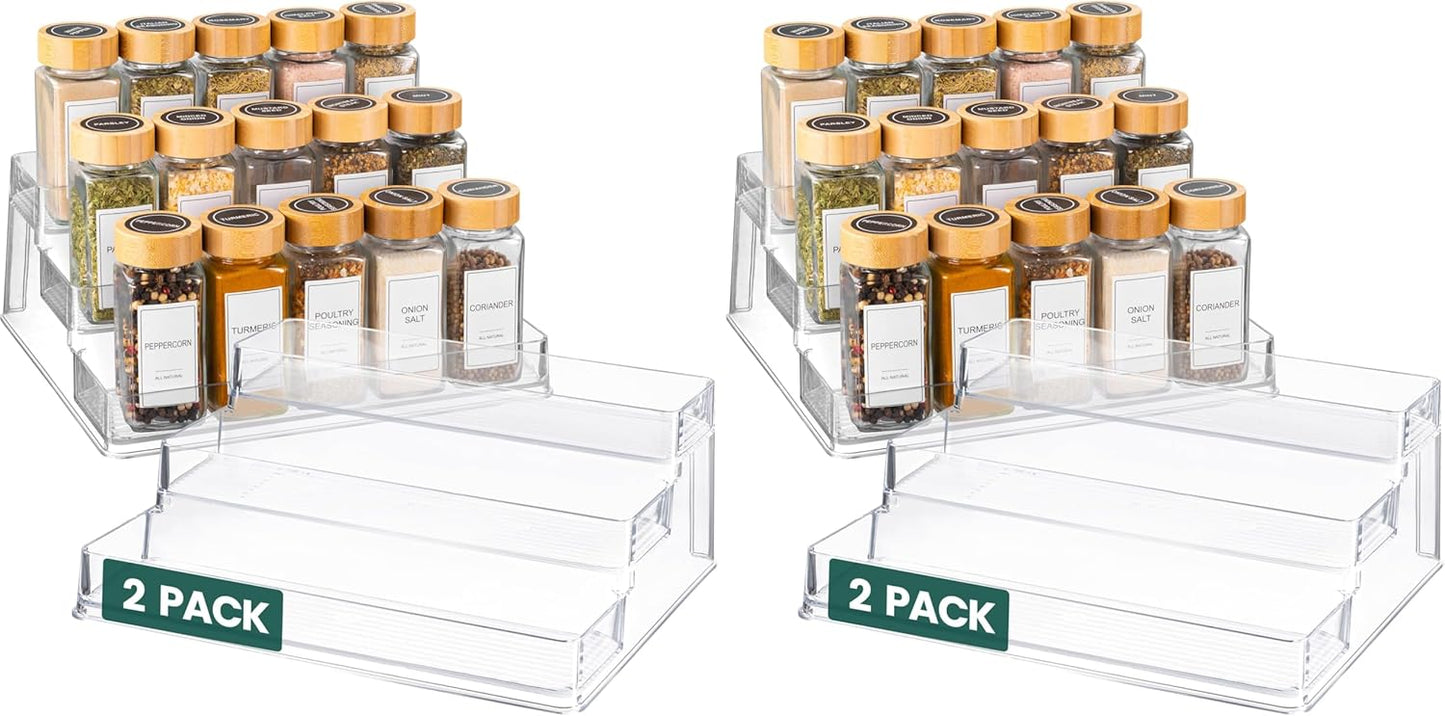 Oizeir Clear Spice Rack (2-Pack) – 3-Tier Acrylic Organizer for Cabinet – Deep Spice Shelf – 10.4 x 9.6 x 4 Inches – Holds Seasoning and Condiments