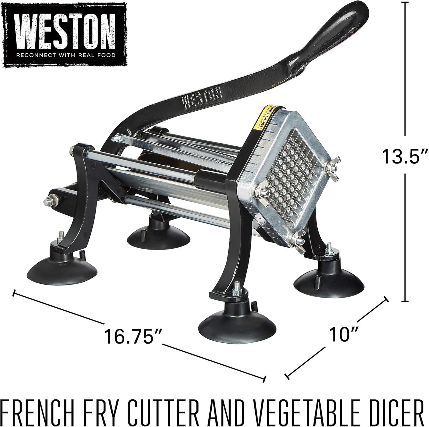 Weston Professional French Fry Cutter for Potatoes and Vegetable Dicer, 3/8” Stainless Steel Cutting Blade, Suction Cup and Wall-Mount Feet, Restaurant-Quality, Black (36-3550-W)