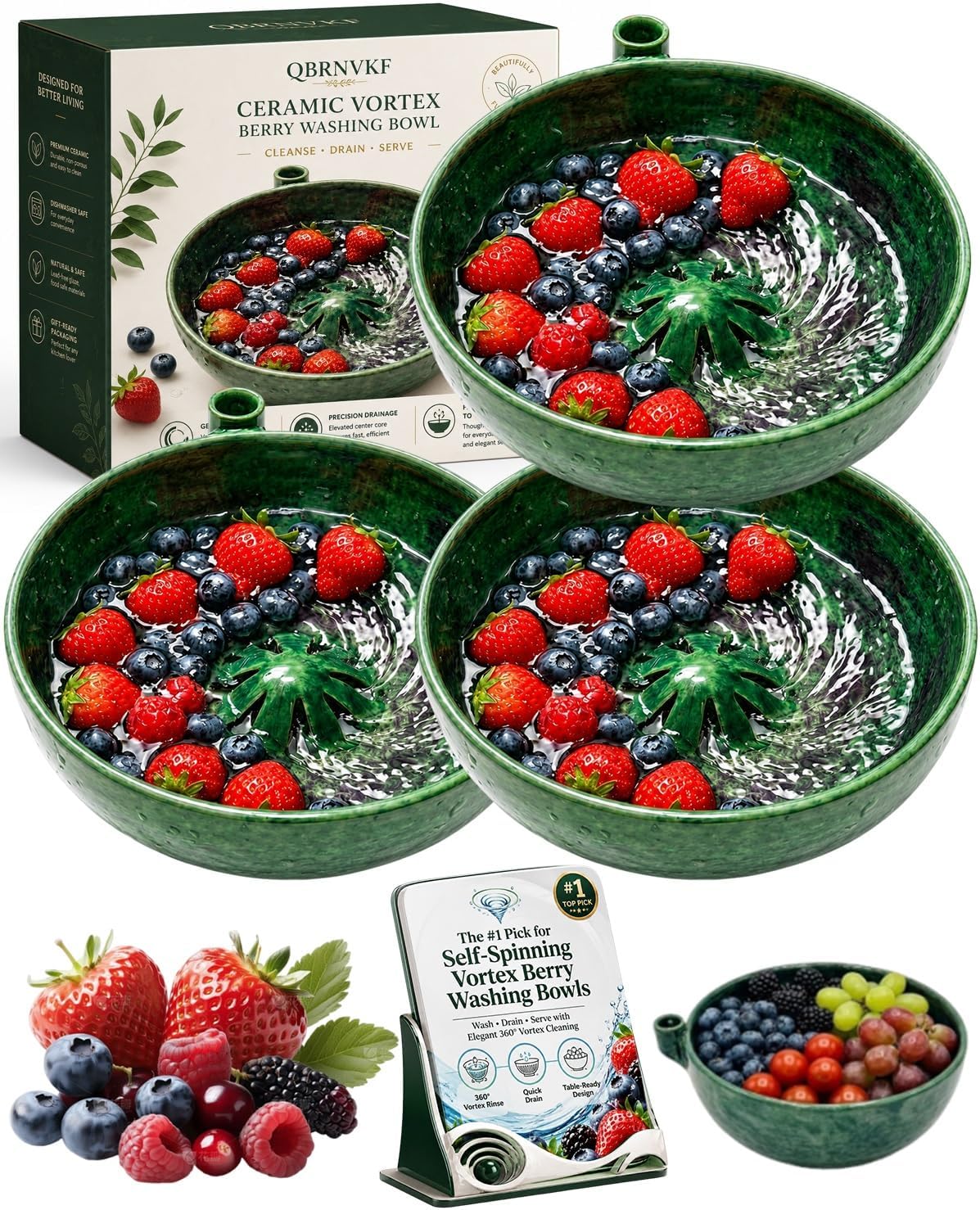 Berry Bowl Washing Bowls with Holes Ceramic Rinse Fruit Strawberry Washer Spinner Self Spinning Strainer Spin Swirling Colander Vegetable Hydro Cleaning Rinsing Vortex Saucer(1PC)
