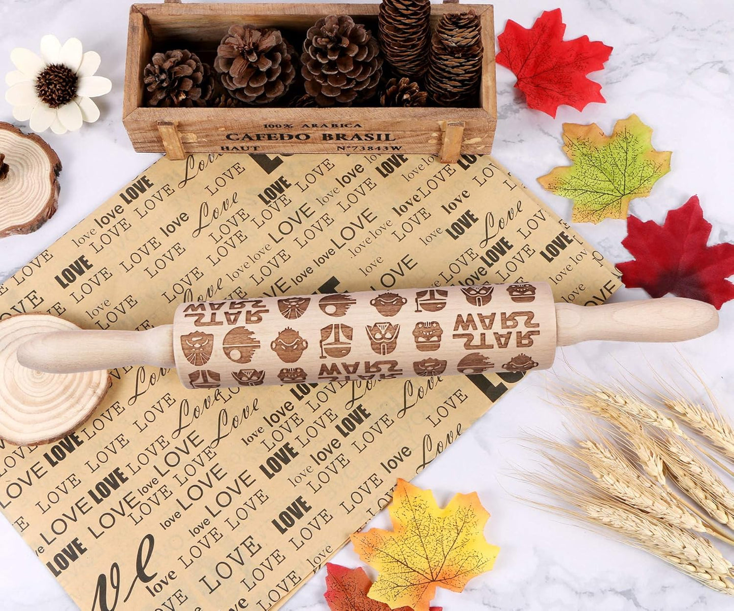 Embossed Wooden Rolling Pins,Evermarket Engraved Embossing Rolling Pin with Star Fighter Pattern for Baking Embossed Cookies,Cute Rolling Pin Kitchen Tool for Adults