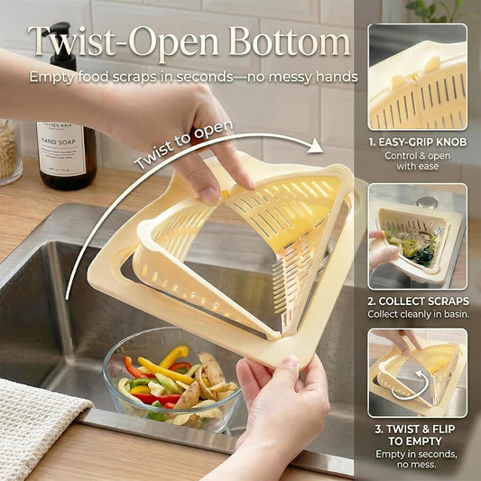 Magnetic Drainage & Filter Basket 2.0 Design, Corner Sink Strainer with Twist-Open Bottom, Triangular Drain Basket for Food Scraps & Rinsing Produce, Fits Metal Sinks (Green+White)