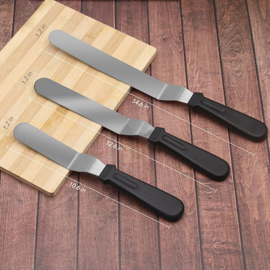 Stainless Steel Icing Spatulas Angled Cake Spatulas with 3 Cake Smoother Scrapers- Professional Frosting Offset Spatula Set with 6, 8, 10 inch Blades for Cake Decorating