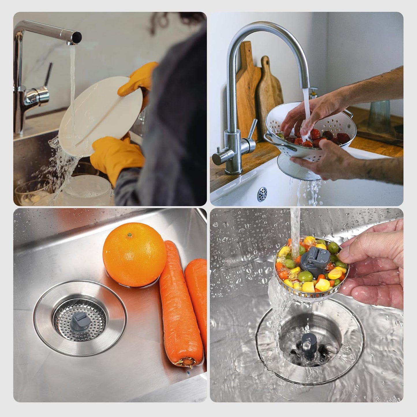 Hibbent Upgraded 3 in 1 Kitchen Sink Drain Strainer and Stopper Combo, Stainless Steel Metal Pop Up Sink Stopper, Anti-Clogging Basket with Foldable Handle for US Standard 3-1/2 Inch Drain