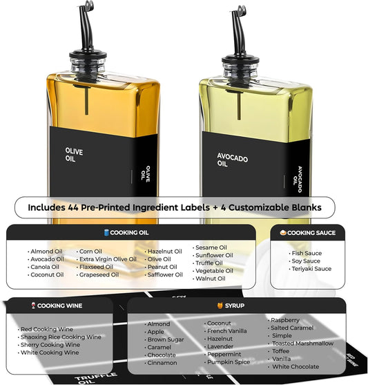 Spaceneat Olive Oil Dispenser Bottle - Includes 44 Kitchen Essential Labels - Cooking Oil Bottles for Kitchen, Coffee Syrup Dispenser - Pourer Spout with 11.8 fl oz Glass Container Cruet - 4pcs, Gold