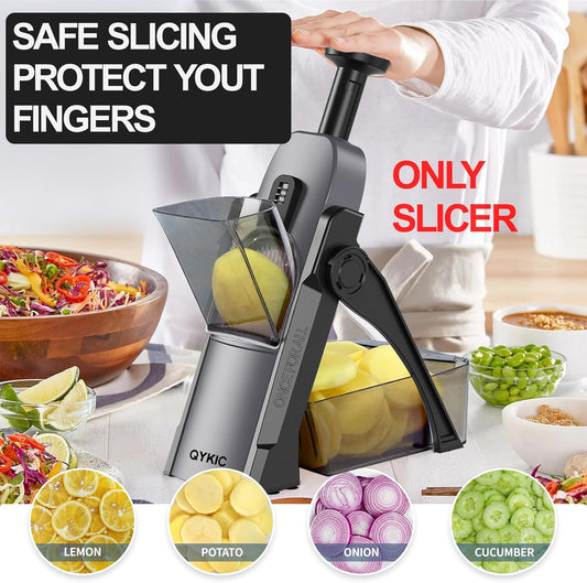 QYKIC Safe Mandoline Slicer 5 in 1 Vegetable Chopper Food Potato Cutter, Strips Julienne Dicer Adjustable Thickness 0.1-8 mm Kitchen Chopping Artifact Fast Meal Prep