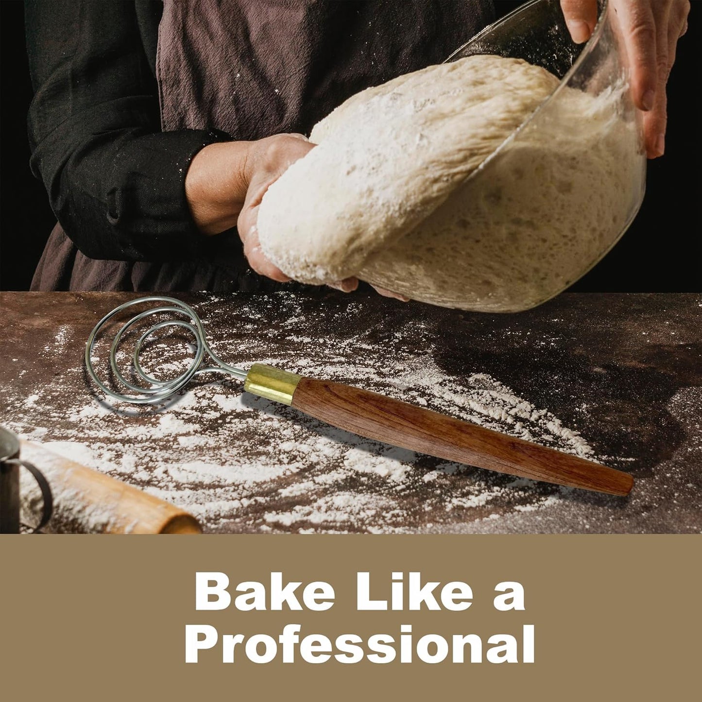 Danish Dough Whisk for Sourdough - 14” Stainless Steel Dough Mixer, Premium Wood Handle - Dutch Whisk for Bread, Bread Making Tools