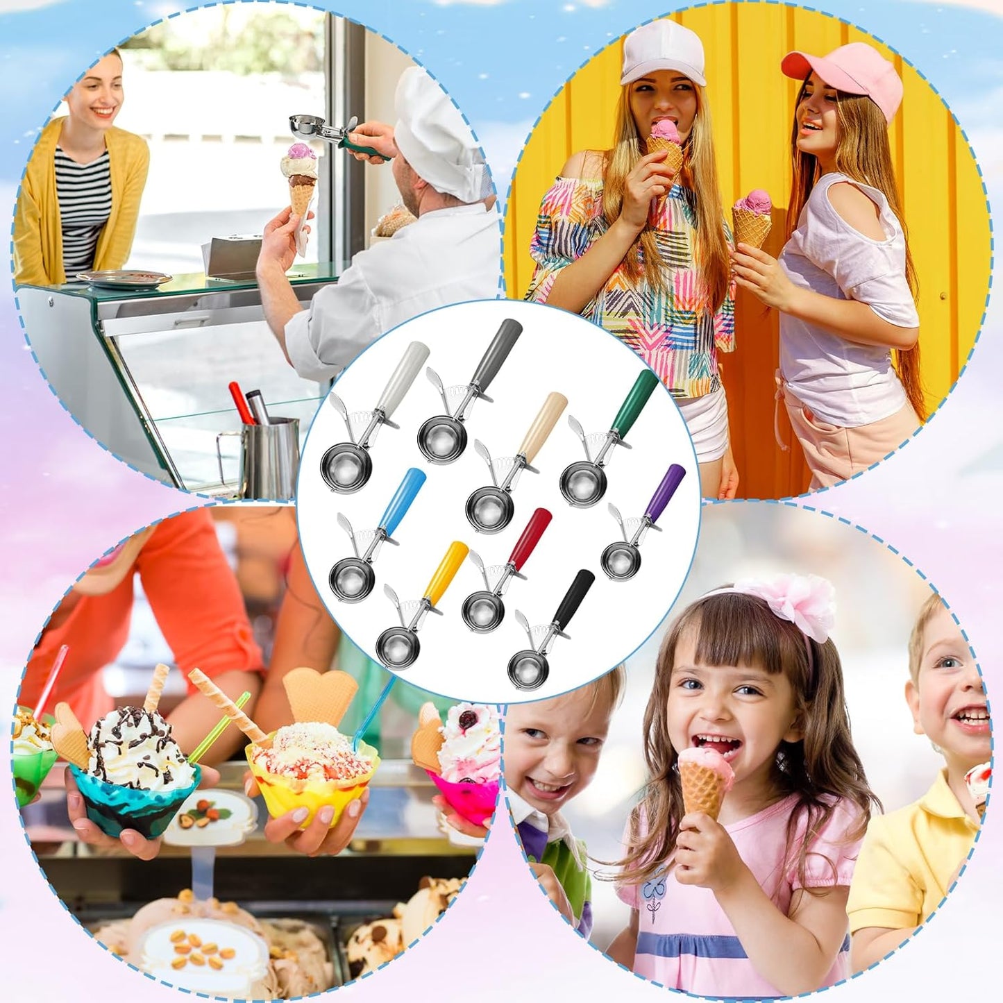 Hsei 6 Pcs Ice Cream Scoops Stainless Steel Cookie Portion Scoop with Handle for Baking Food Cookie Dough Cupcake Batter (Multi Color,40mm to 70mm)