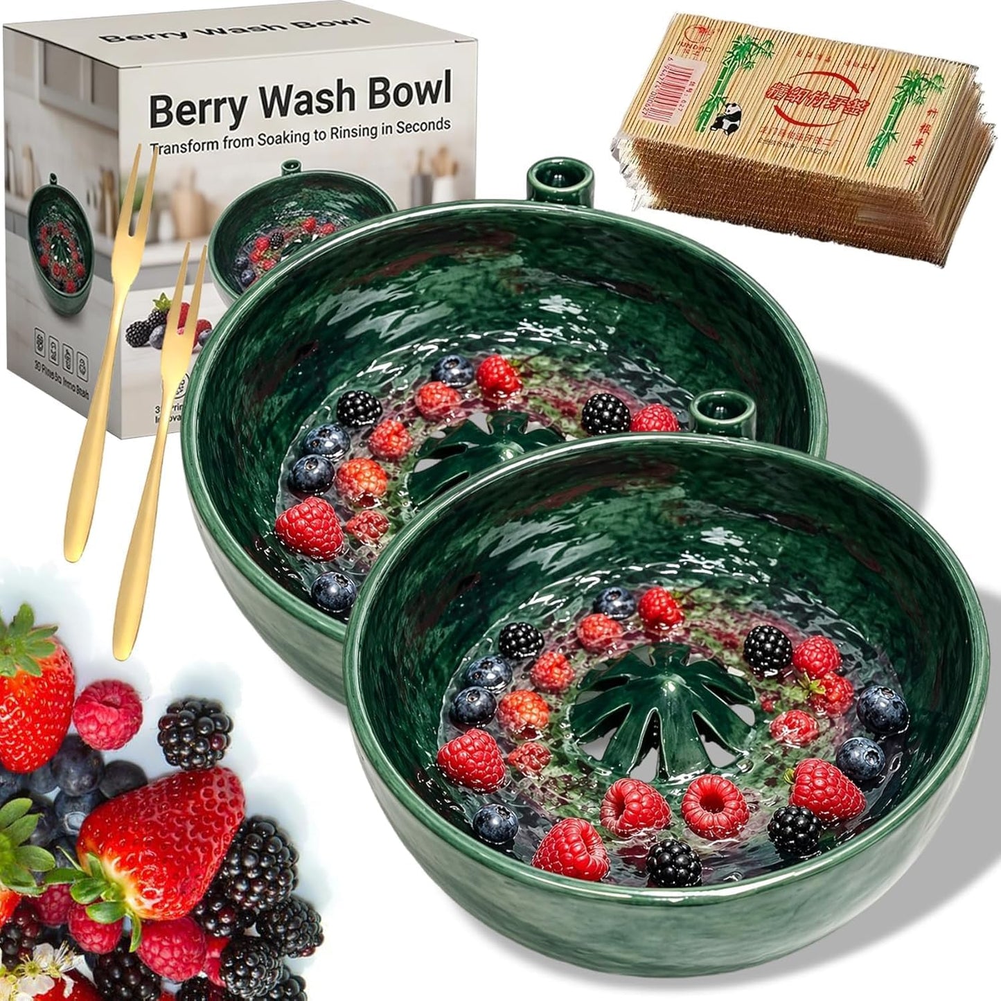 Self Spinning Berry Washing Bowl Ceramic, Automatic swirl fruit colander with drain hole, multipurpose kitchen washer for berries, fruits and vegetables (1 Pcs)