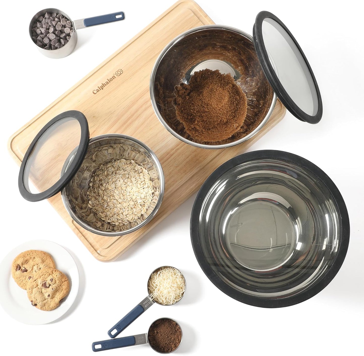 Calphalon Orbit 3 Piece Mixing Bowl Set with Acacia Wood Lids, Nesting Kitchen Mixing Bowls for Baking, Cooking, Meal Prep and Food Storage, Durable Design with Airtight Style Covers