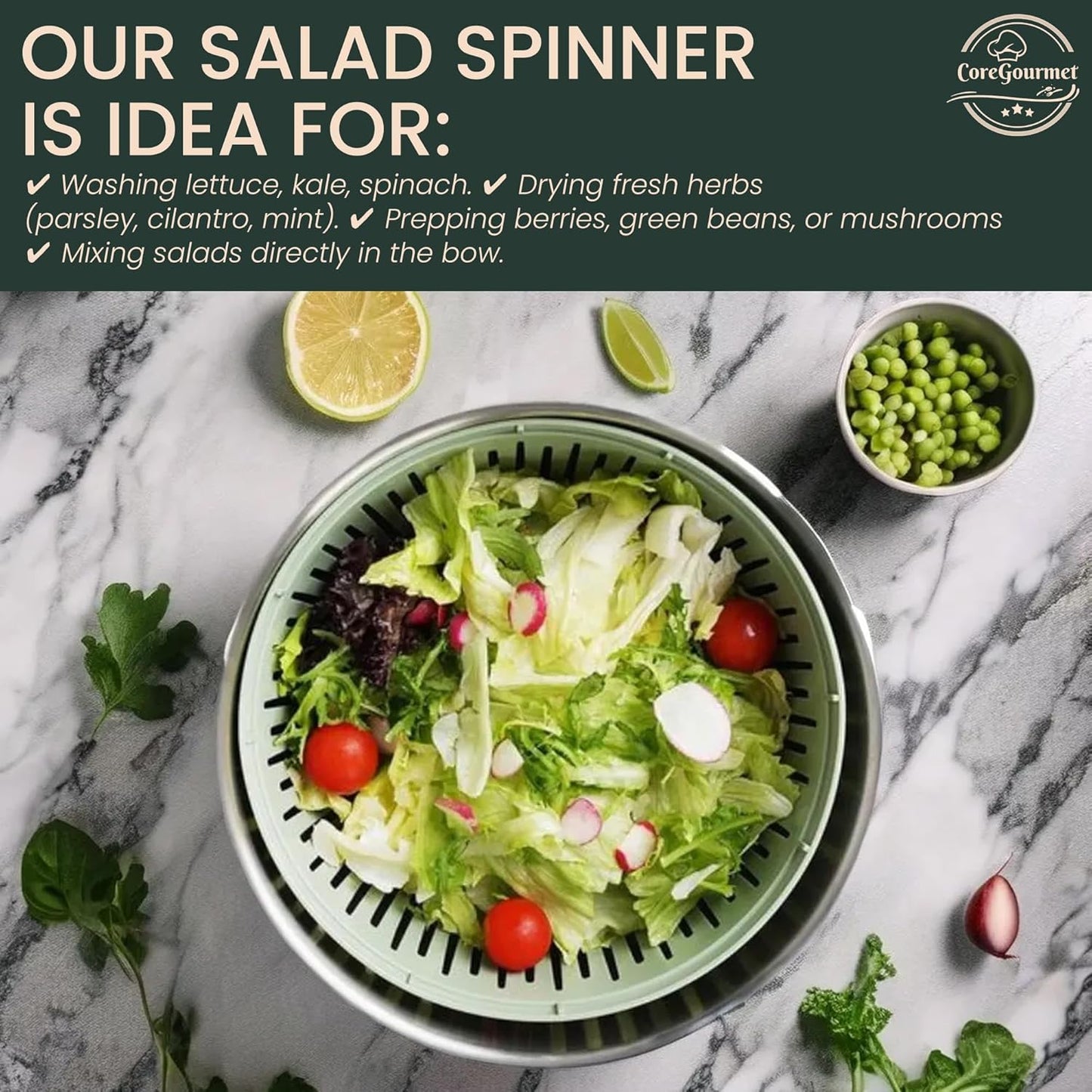 Stainless Steel Salad Spinner 5 Qt, Vegetable & Fruit Washing Bowl with Strainer, ABS & Stainless Steel, lettuce Dryer with Double Drain Holes, Quick Spin for Greens, Easy Grip, Non-Slip Base