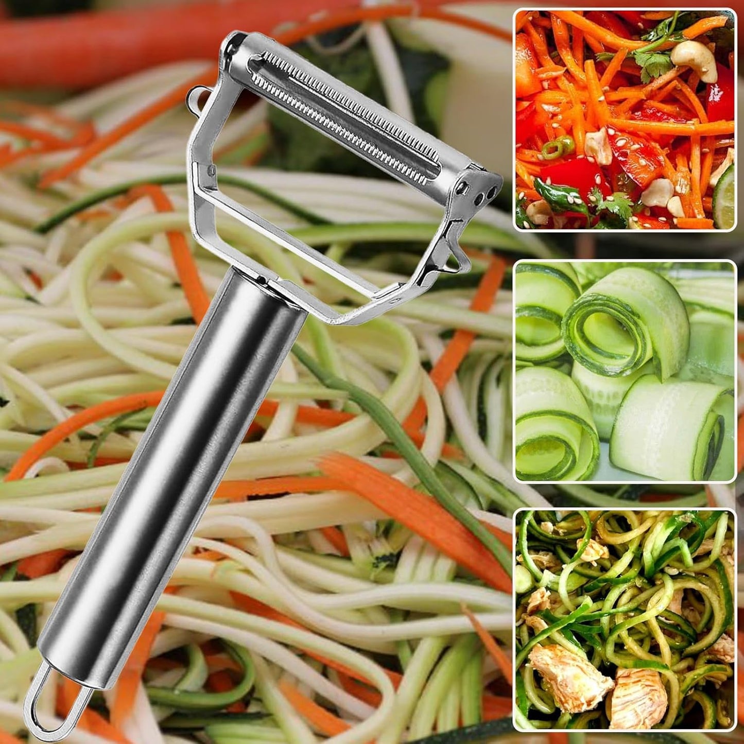 Vegetable Peeler Julienne Slicer 3 in 1 Kitchen Peeler Zucchini Salad Maker Ultra Sharp Potato Peelers Stainless Steel No-Rust Carrot Cutter Anti-Slip Handle Cucumber Slicer + Cleaning Brush
