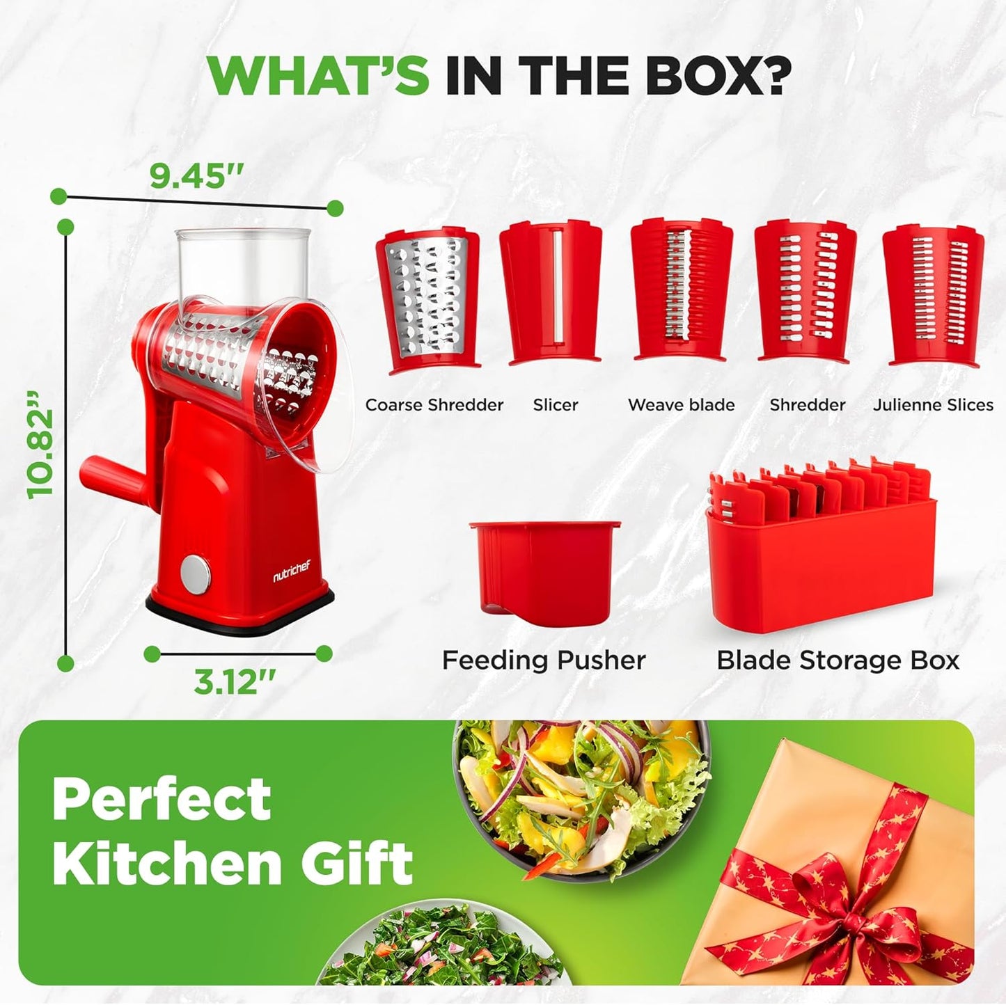 NutriChef 5 in 1 Cheese Grater & Shredder | 5 Different Blades for Thin, Thick, Julienne Strips, Wavy, & Straight Strips | Includes Hand Crank, Strong Suction Base & Storage Container | Black