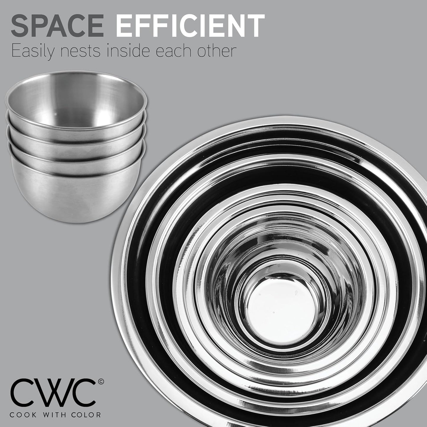 COOK WITH COLOR Stainless Steel Mixing Bowls Set with Lids - Nesting Bowls with Non-Slip Bottom, Silver, 14 Pieces