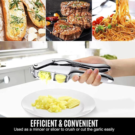 Garlic Press Stainless Steel – Pack of 2, 3-in-1 Heavy Duty Garlic Mincer & Slicer, Ergonomic Easy-Squeeze Handle, Dishwasher Safe, 3-in-1 Set with Silicone Peeler & Cleaning Brush