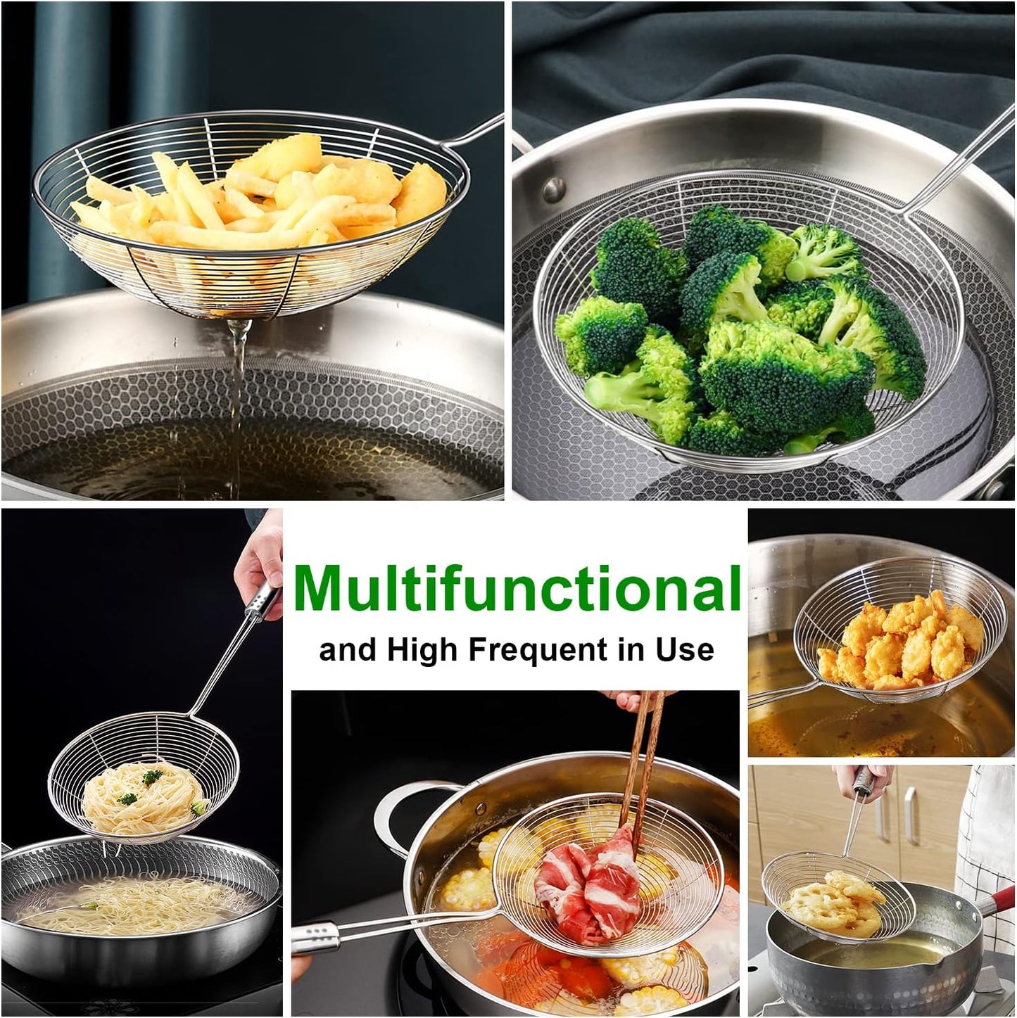 Swify Spider Strainer Set of 3 Asian Strainer Ladle Stainless Steel Wire Skimmer Spoon with Handle for Kitchen Frying Food, Pasta, Spaghetti, Noodle-30.5cm, 32cm, 35cm