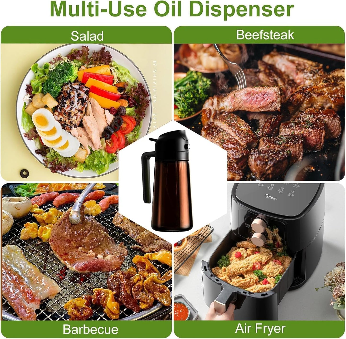 OURCABECUE 2 in 1 Olive Oil Sprayer for Cooking, 16oz/470ml Light-Blocking Dark Olive Oil Dispenser Bottle for Kitchen, Food-Grade Glass Oil Mister with 8 Oil Stickers