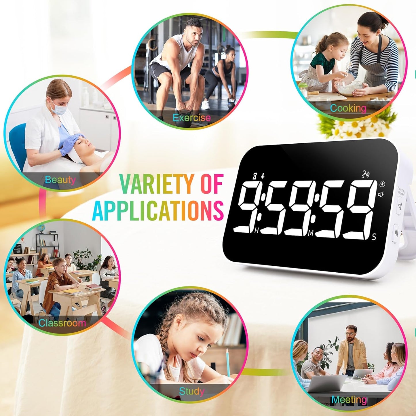 TXL Kitchen Timer for Cooking, Rechargeable Digital Magnetic Timer with Large LED Display, Loud Alarm, Sound Countdown, 4 Volume Levels and 3 Brightness for Classroom, Study (RGB)