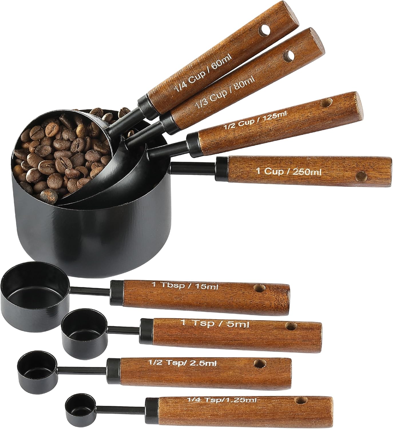8PCS Measuring Cups and Spoons Set, DV Stainless Steel Measuring Cups with Ergonomic Wooden Handle for Cooking & Baking