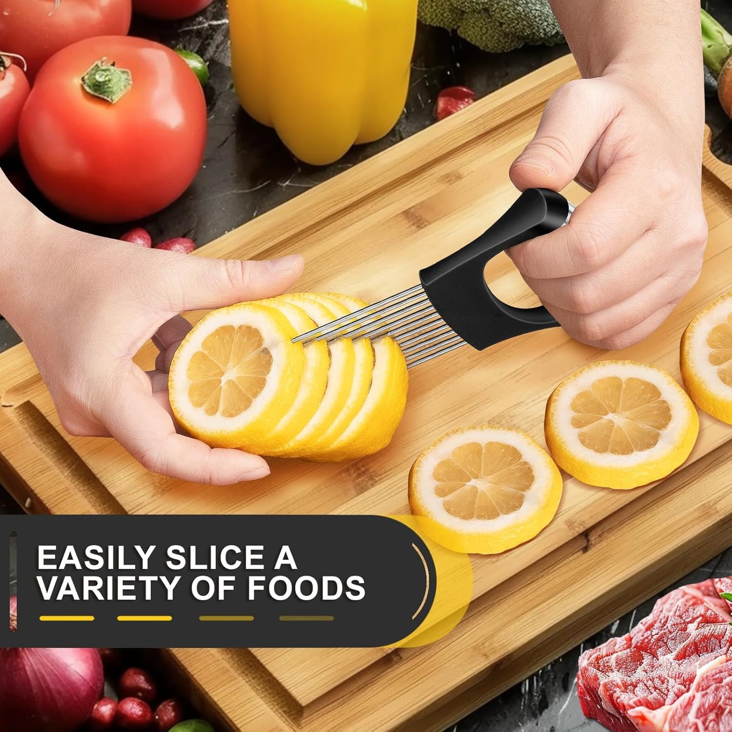Premium Onion Slicer, Stainless Steel Onion Holder for Slicing, Kiwifruit, Tomatoes, Avocados, Eggs, Lemon, Meat, Potato, Third Generation Onion Cutter with Protective Cover