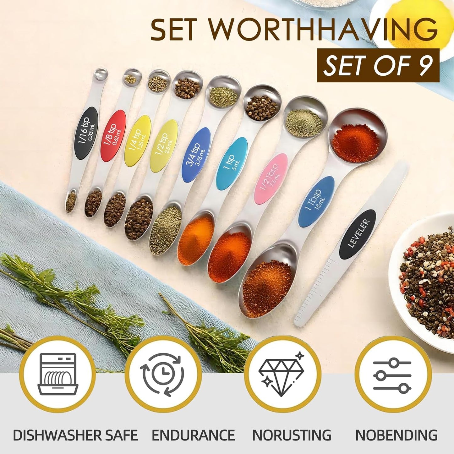 Stainless Steel Magnetic Measuring Spoons Set of 9 with Leveler,Dual Sided, Stackable, Adjustable Teaspoon and Tablespoon, Measuring Liquids and Dry Ingredients, Baking& Cooking Gadgest,Multicolor