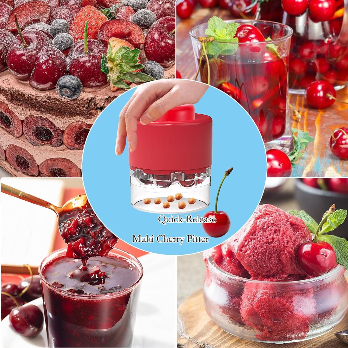 Cherry Pitter Tool , Olive and Cherry Pitters Corer Remover with 7 Individual Holes, Fruit Pit Remover for Cherry, Multi-Function Cherries Stoner Seed Remover Tool for Making Cherry Jam (Red)