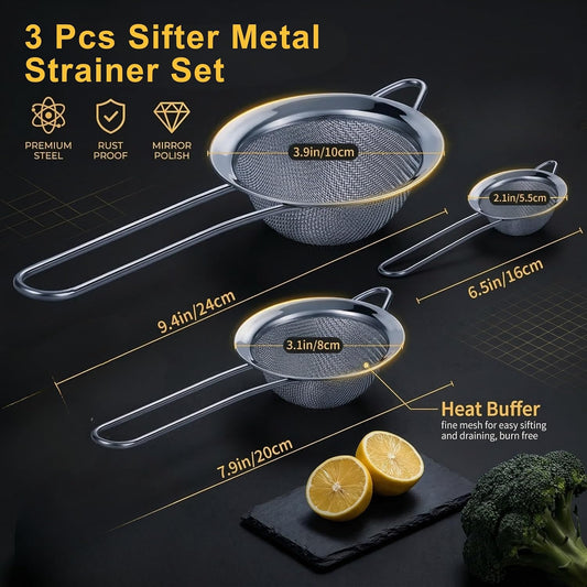 3 Pcs Fine Mesh Strainer, Stainless Steel Strainer With Handle, Small Medium Large Size Strainer Fine Mesh For Baking, Juice, Quinoa, Strainer For Kitchen Sieve Sifters Mesh Strainer Set For Cooking