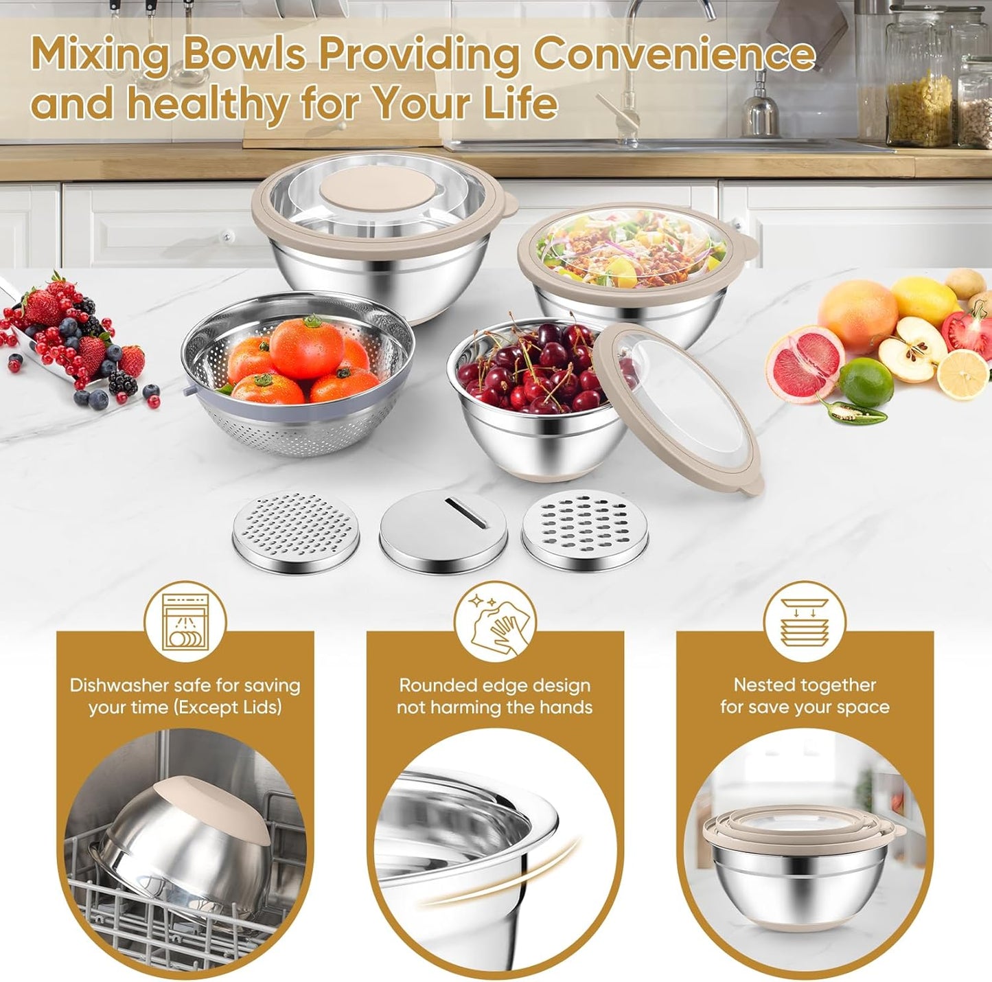 P&P CHEF Mixing Bowls with Lids Set of 3, Stainless Steel Mixing Bowl and Colander for Kitchen, 3 Grater Attachments & Non-Slip Bottoms, Visible & Airtight Lid, Khaki