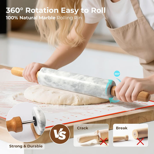 Marble Rolling Pin with Non-Stick Silicone Mat & Wood Base, 16.9-Inch Heavy Weight Dough Roller for Pizza Crust, Cookies, Pasta, Fondant, Pastry Polished Non-Stick Surface White (WH076)