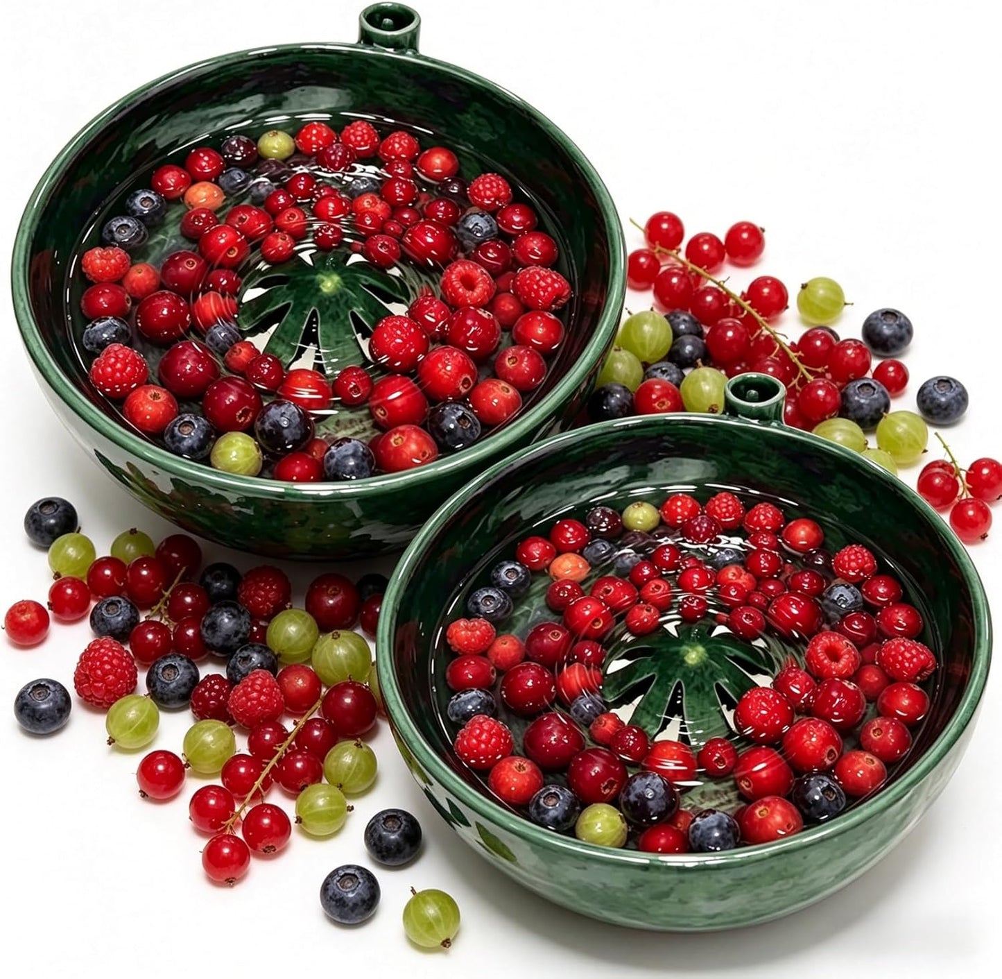 Self Spinning Ceramic Berry Washing Bowl, Berry Bowls with Holes Ceramic, 360° Rotating Fruit Strainer, Integrated Rapiddrain Base, for Fruits, Vegetables, Berries (1Pcs)
