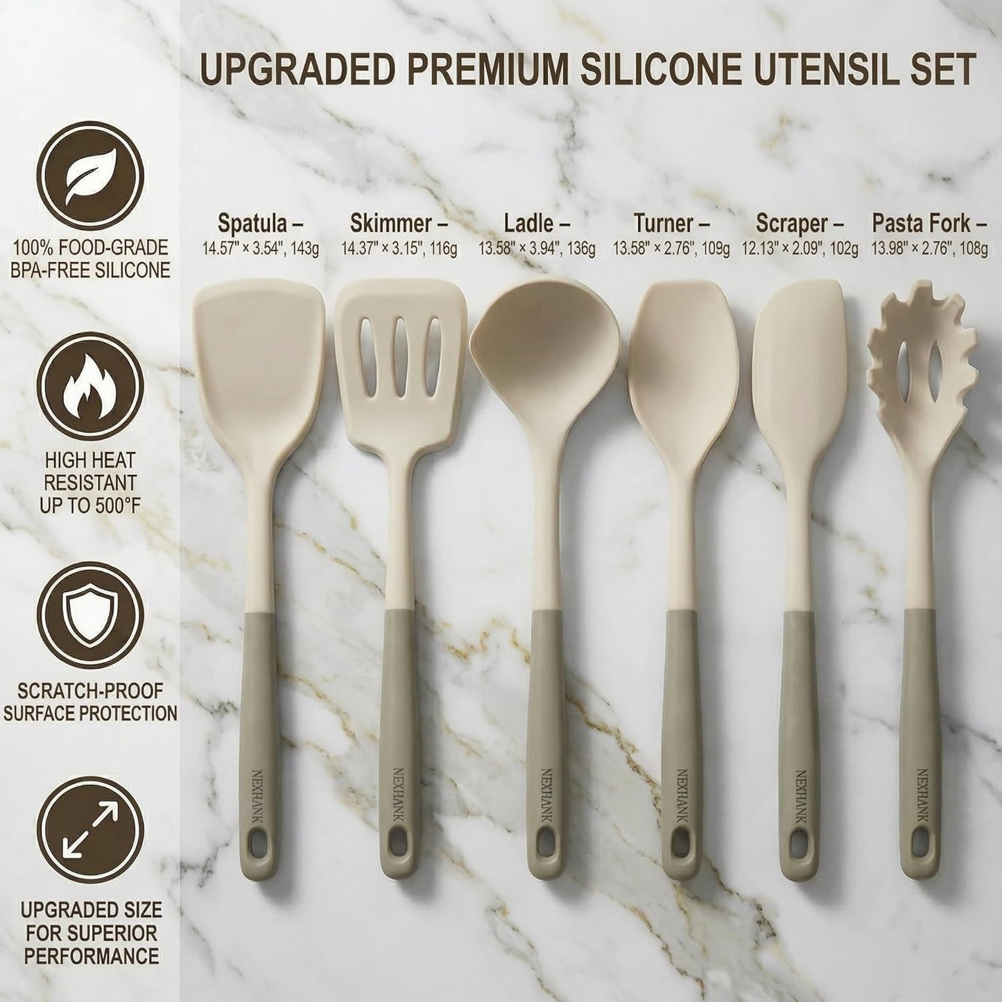 Silicone Kitchen Utensils Set, 6-Piece NON-PLASTIC 500°F Heat-Resistant BPA-Free Dishwasher Safe Cooking Tools with Upgraded Spatula,Turner Ladle Skimmer Pasta Fork Scraper, Cream White &Mocha