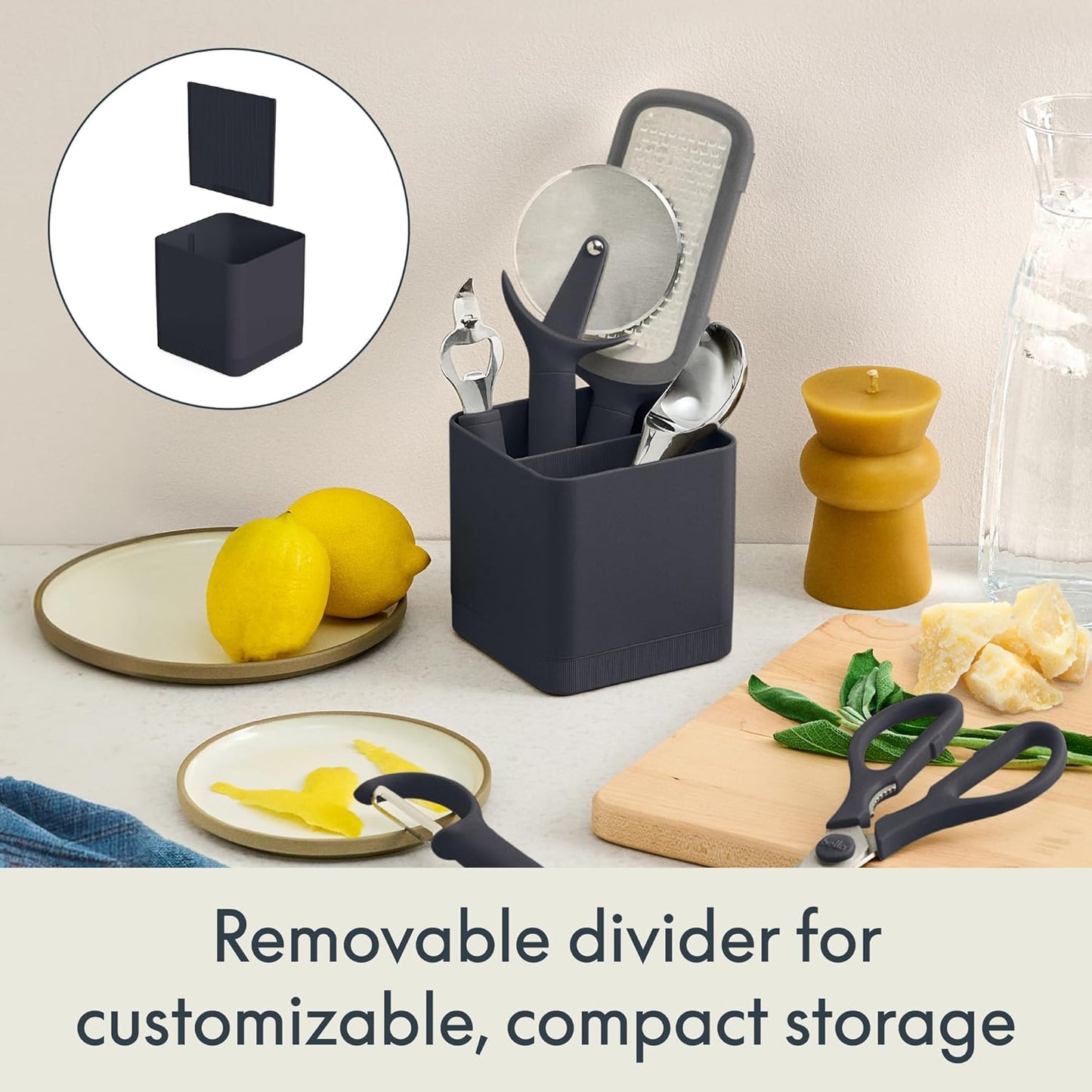 bella 6-Piece Modular Tool Set, Silicone, Turner, Spoon, Slotted Spoon, Spatula, Tongs, Crock with removable divider, Non-toxic*, Food-grade, Heat safe to 425°F, Dishwasher Safe, Slate