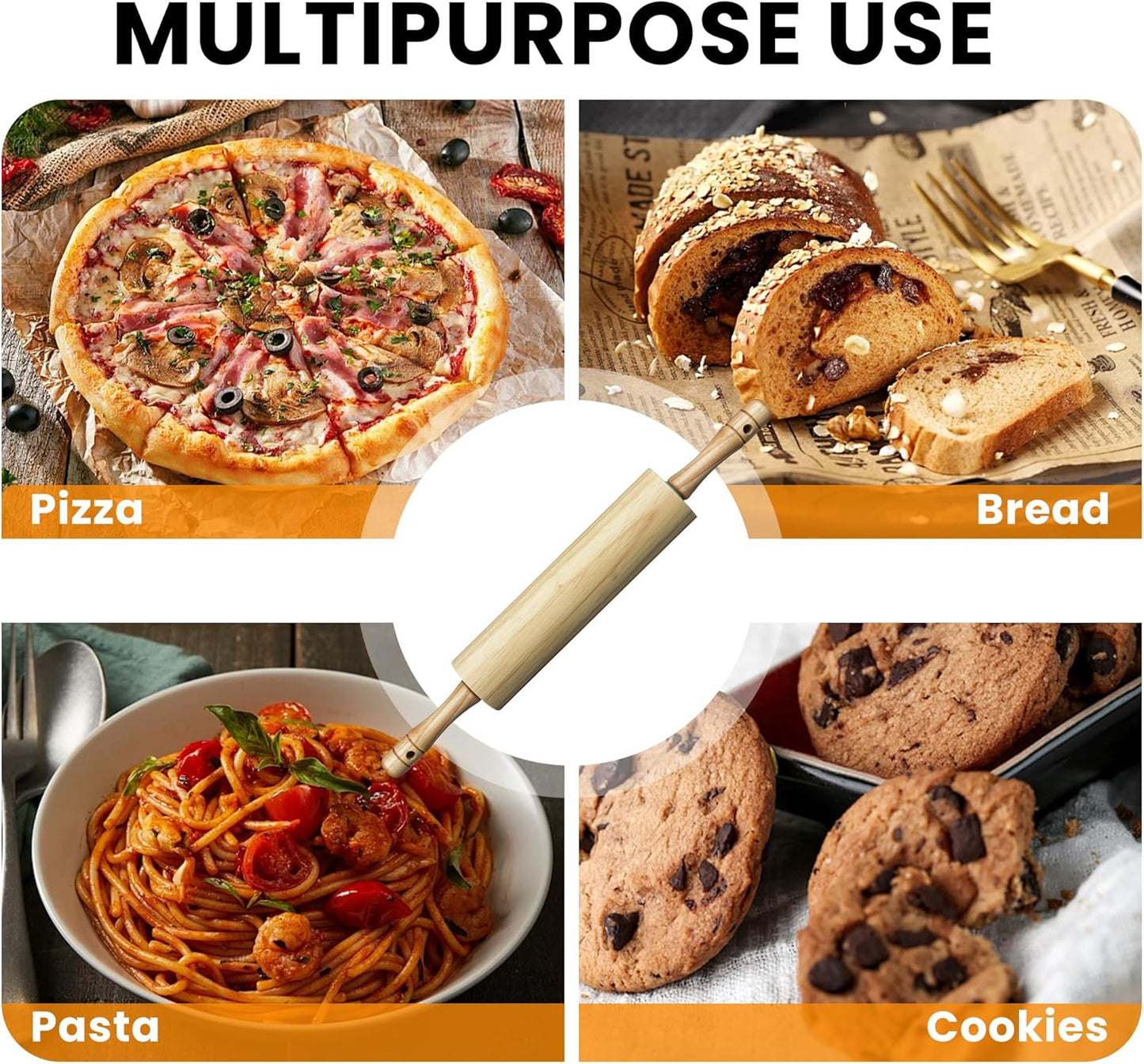 KARRYOUNG Rubber Wood Rolling Pin for Baking, Kitchen Dough Roller With Handles, Rodillo Para Masa, Rolling Pin for Dough, Pizza,Bread, Fondant & Tortilla