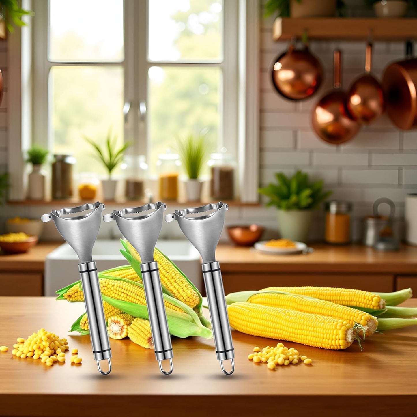 3Pcs Silver Magic Corn Cutter Peeler, corn peeler, Corn Stripper Cob Stripper Tool, Stainless Steel Corn Thresher, Corn Peeler with Ergonomic Handle, Graters, Peelers and Slicers