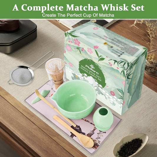 PHILORN Matcha Whisk Set, 9Pcs Ceramic Macha Kit, Matcha Set Whisk and Bowl with Spout, Whisks, Holder, Bamboo Scoop, Scoop Rest, Sifter and Tea Towel for Macha Lover (Cyan)