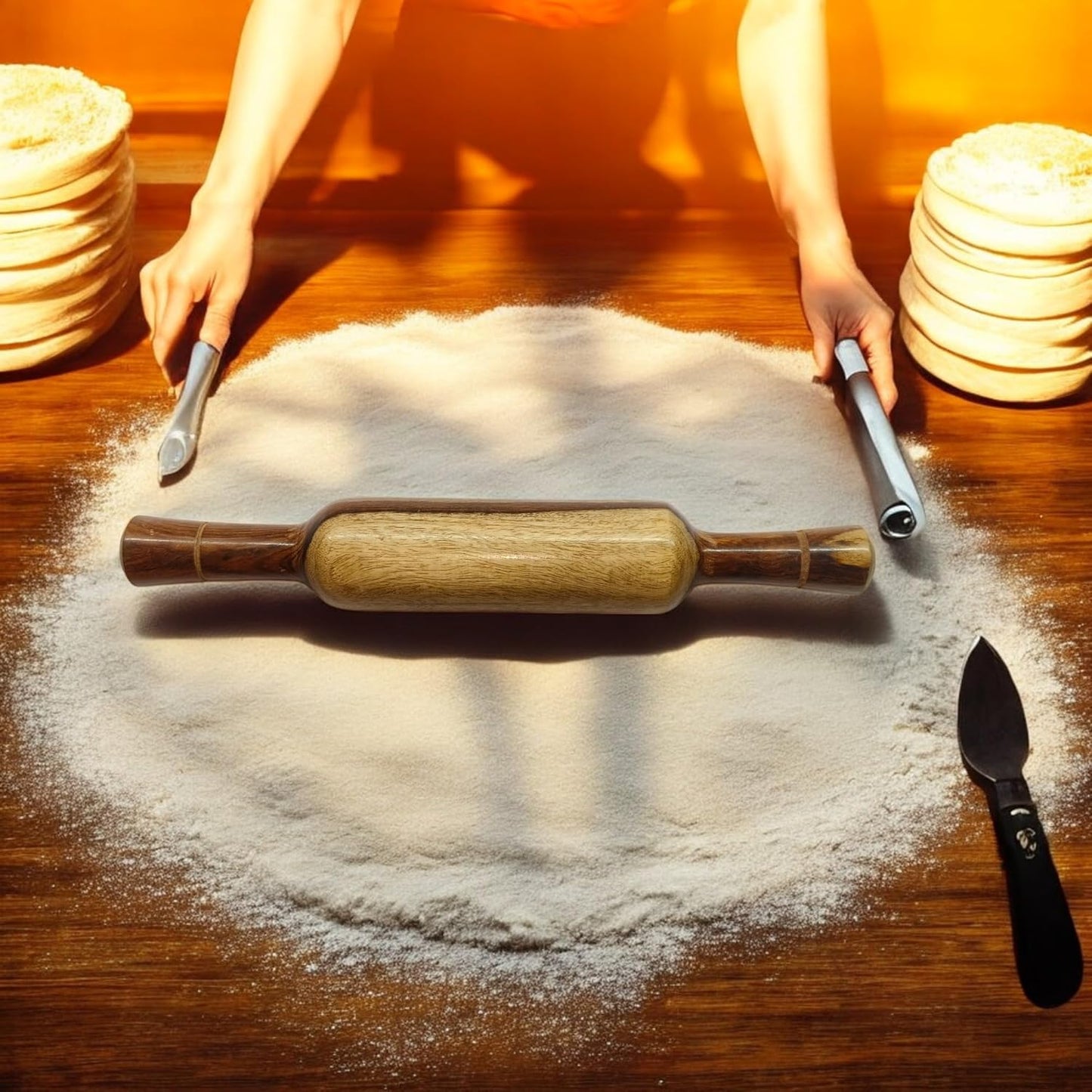 Natural Wooden Non-Stick Rolling Pin for Baking, 13 Inch Dough Roller with Handles for Pizza, Pie Crust, Cookies, Pasta, Pastry,Dumpling & Roti-Poori
