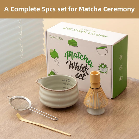 5pcs Premium Matcha Set,Ceramic Bowl with Spout and Bamboo Whisk set, Ceremonical Matcha Kit for breakfast/latte,Tea Starter Making Kit,Unique Matcha Gift set (pink love)