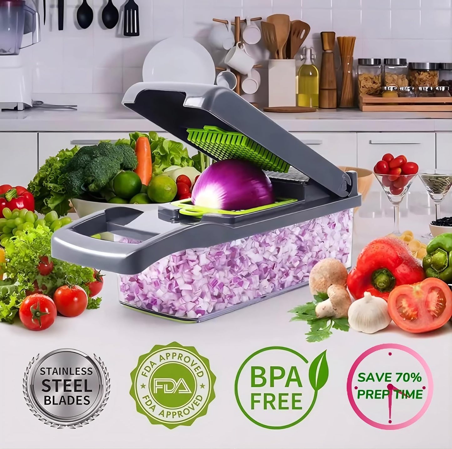 16-in-1 Vegetable Chopper with Container, Onion Chopper & Mandoline Slicer, Veggie Cutter Food Dicer for Onion, Potato & Tomato, BPA-Free Kitchen Gadgets Vegetable Cutter