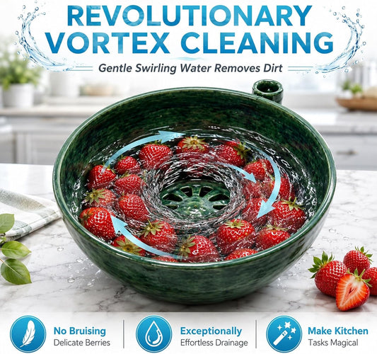 Self Spinning Washing Berry Bowl, Original Ceramic Fruit Vortex Washer with Drainage Holes, Quick Rotating Swirl Colander Basket for Kitchen Counter, Handmade Cleaning Strainer Equipment
