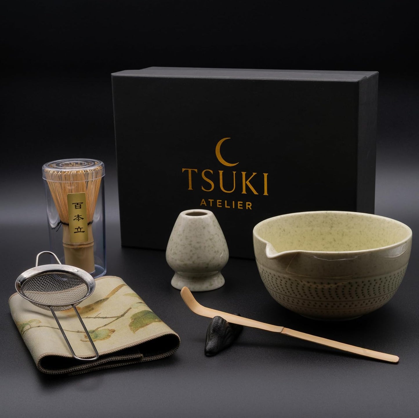 7 Pcs Matcha Whisk Set – Matcha Kit - Ceramic Bowl, Bamboo Whisk & Holder, Scoop, Sifter, Scoop Rest & Tea Towel – Elegant Matcha Kit for Tea Lovers, Home Decor & Zen Spaces (Green)