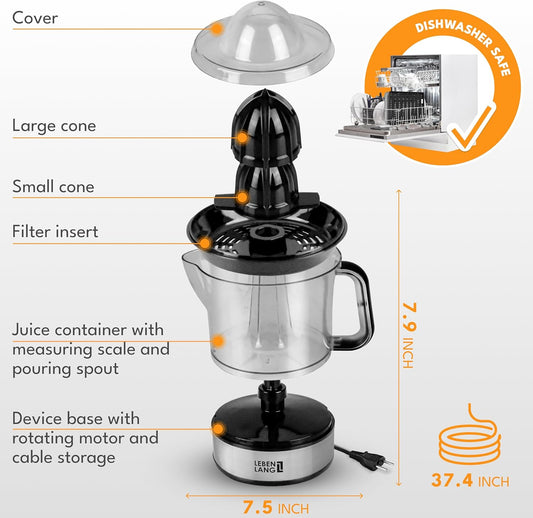 LEBENLANG Orange Juicer Electric - 2 cones & BPA-free I High juice yield & Large Volume I 24oz Lemon Juicer Squeezer I Electric Citrus Juicer Orange Juice Press Juicers Exprimidor De Naranjas Limones