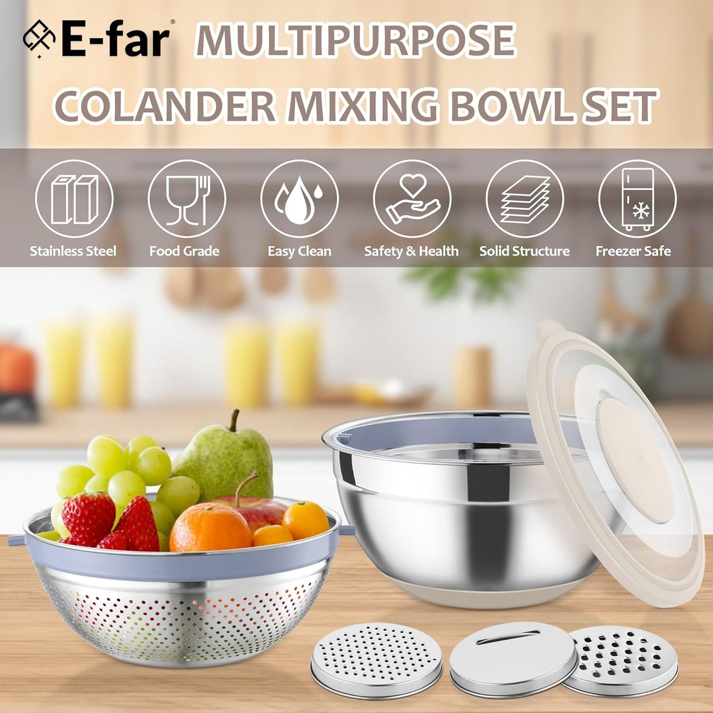 E-far Colander with Mixing Bowl Set, 4-1 Stainless Steel Colander Strainers Bowl with Graters for Kitchen, Rotatable Food Strainer Bowl for Rinsing Fruits Vegetables/Draining Pasta - Blue