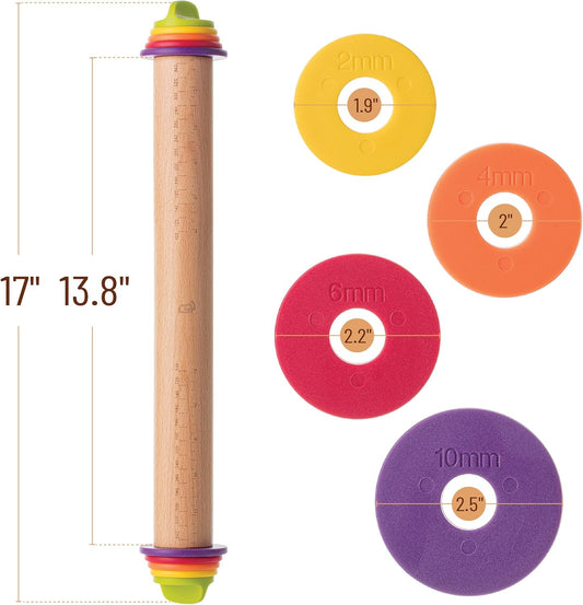 BAMBOO LAND- Adjustable Rolling Pin with Thickness Rings for Baking, 13.8", 4 Pastel Colored Thickness Rings (2-10 mm or 1/16"-3/8"), Wood Rolling Pins for Baking, Bread, Pizza Doughs