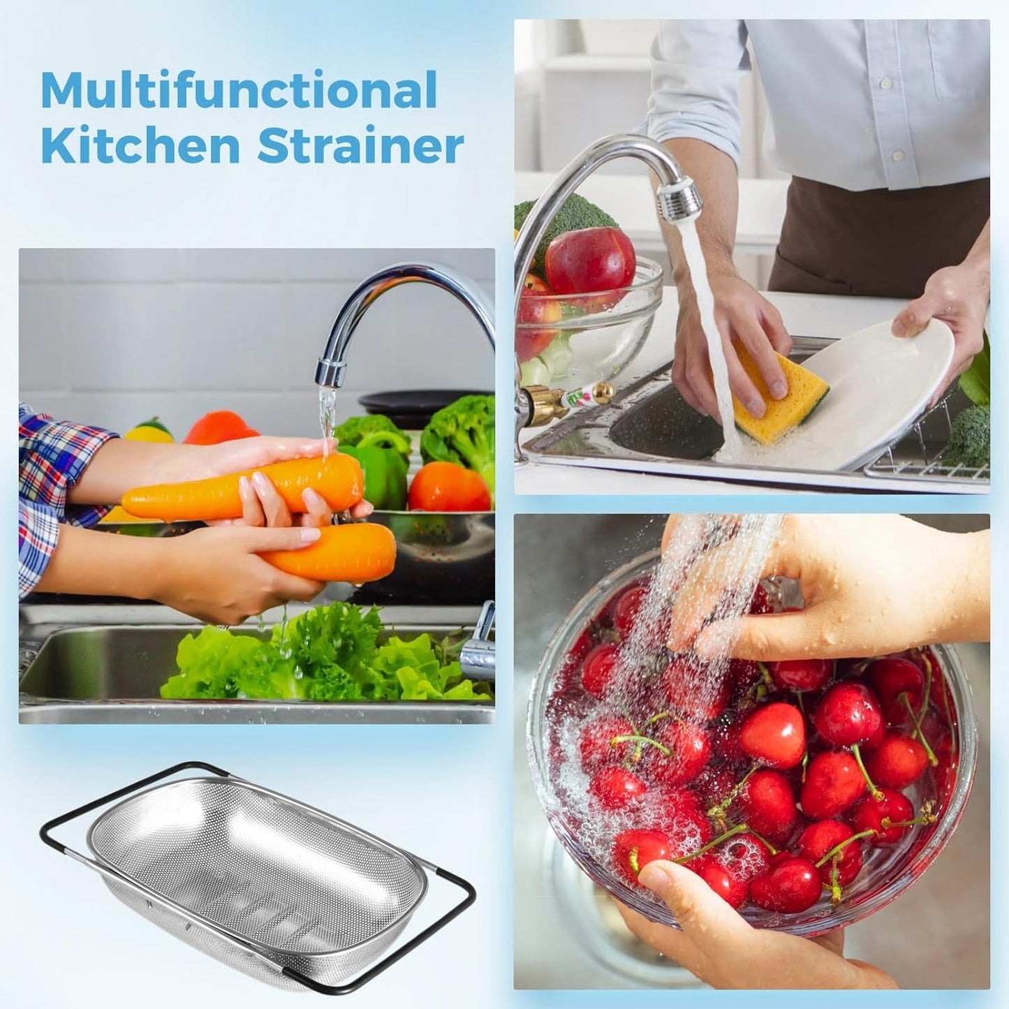 2 Pcs Over the Sink Colander, Strainers and Colanders for Kitchen Sink Strainer Basket with Expandable Handles Stainless Steel Strainer,Pasta Vegetable Food Fruit Strainer