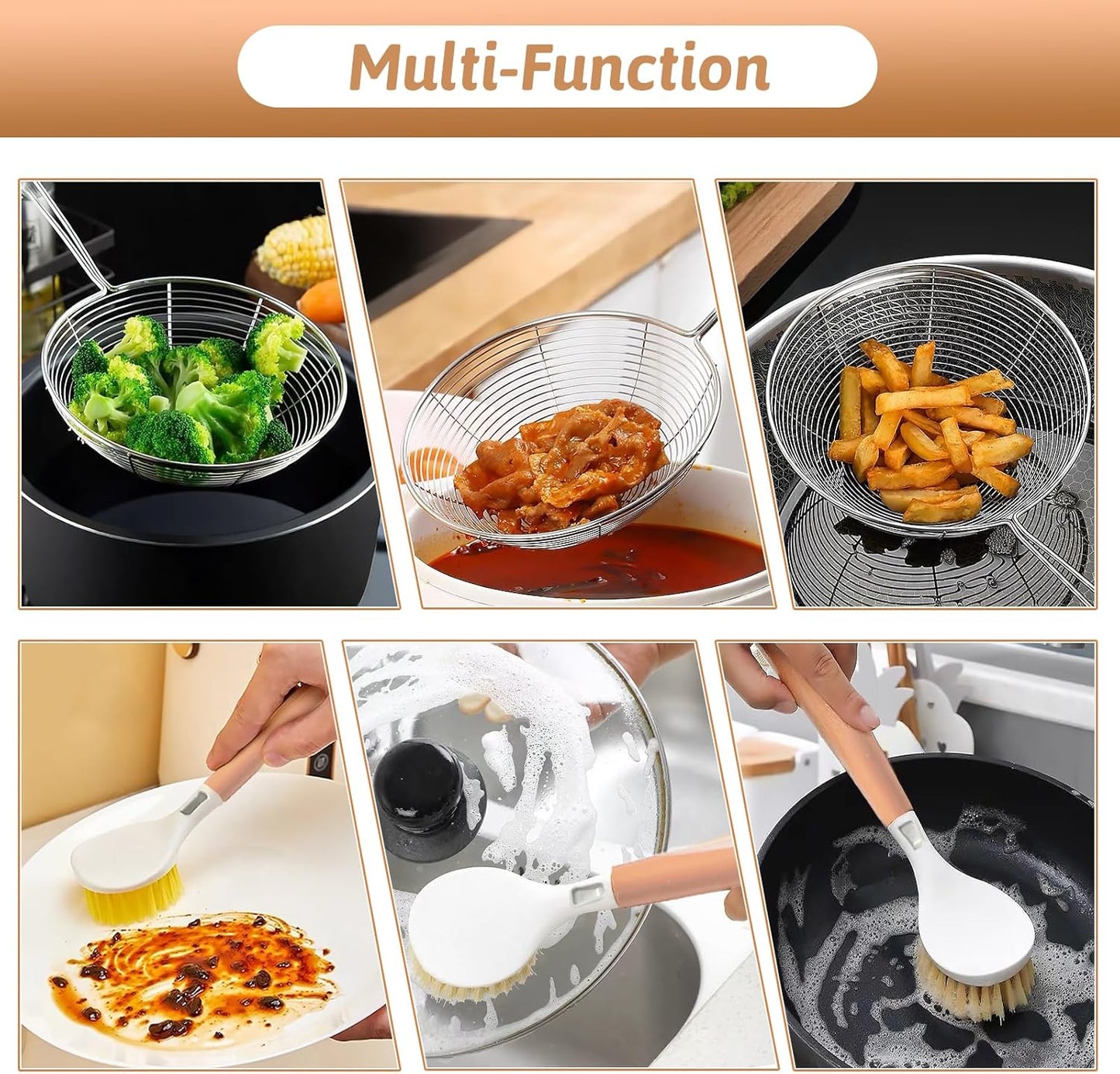 Premium Grade Stainless Steel Spaetzle Maker with Anti-slip Rubber Handle, Spider Strainer Skimmer, Silicone Scraper and Plastic Brush, Homemade German Egg Noodle Dumpling Making Tool Set