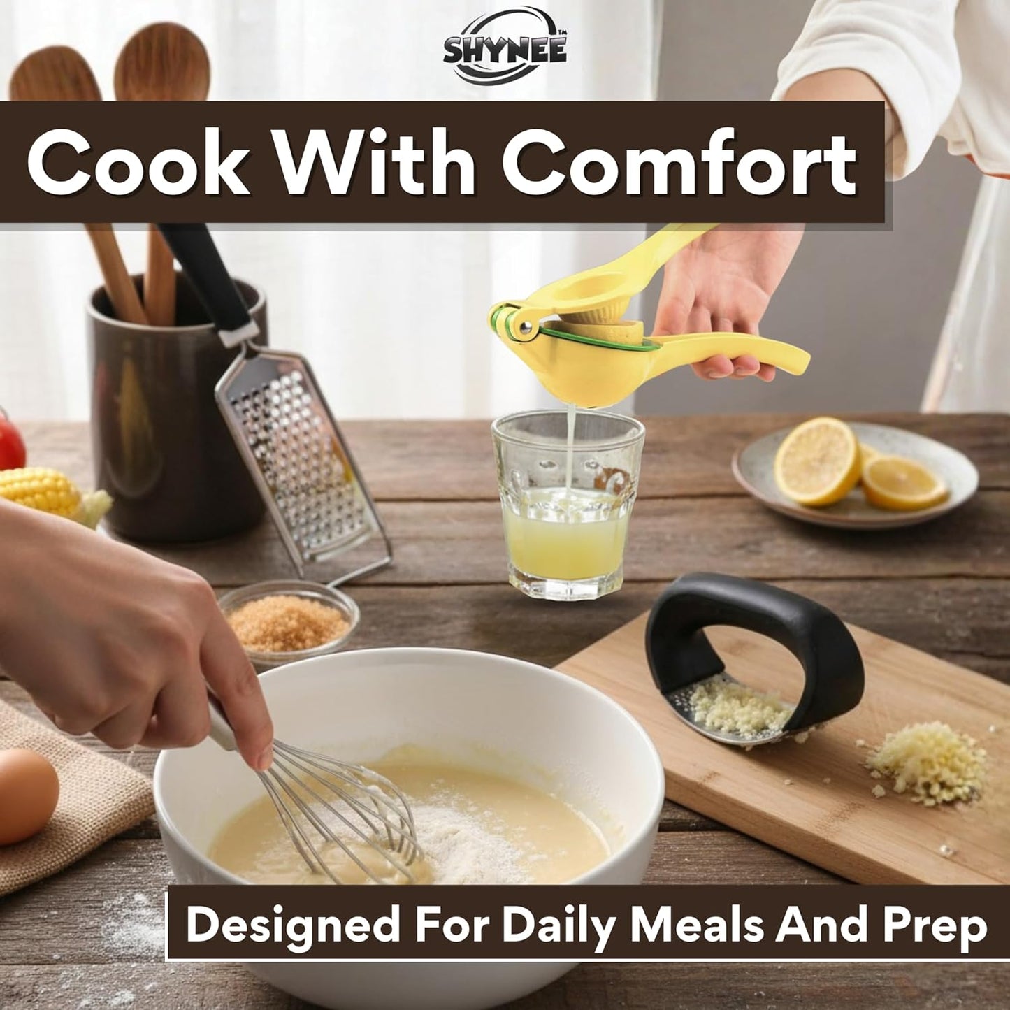 4PCs Kitchen Essentials Set – Premium Quality Lemon Squeezer, Garlic Press, Stainless Steel Whisk, Multi-Use Grater, Cheese Grater – Durable, Easy to Clean Cooking Tools Set for Everyday Meal Prep