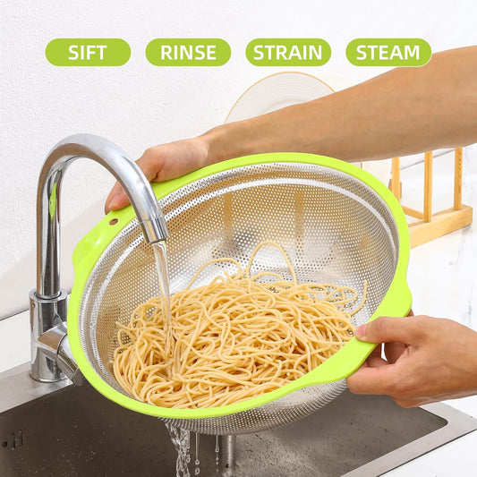 Colander Stainless Steel Microporous, 2QT Rice Strainer with Mixing Bowl, Rice Washer Bowl Set with Handle, Food-Grade Strainers and Colanders for Kitchen, Pasta, Fruit, Dishwasher Safe