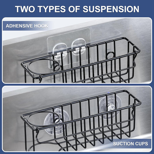 3-In-1 Sponge Holder for Kitchen Sink with Suction Cups & Adhesive Hook , In-sink Sponge Holder, Wall Hanging Sink Caddy Organizer Rack - Sponge, Dish Cloth, Brush, Scrubber - 304 Stainless Steel