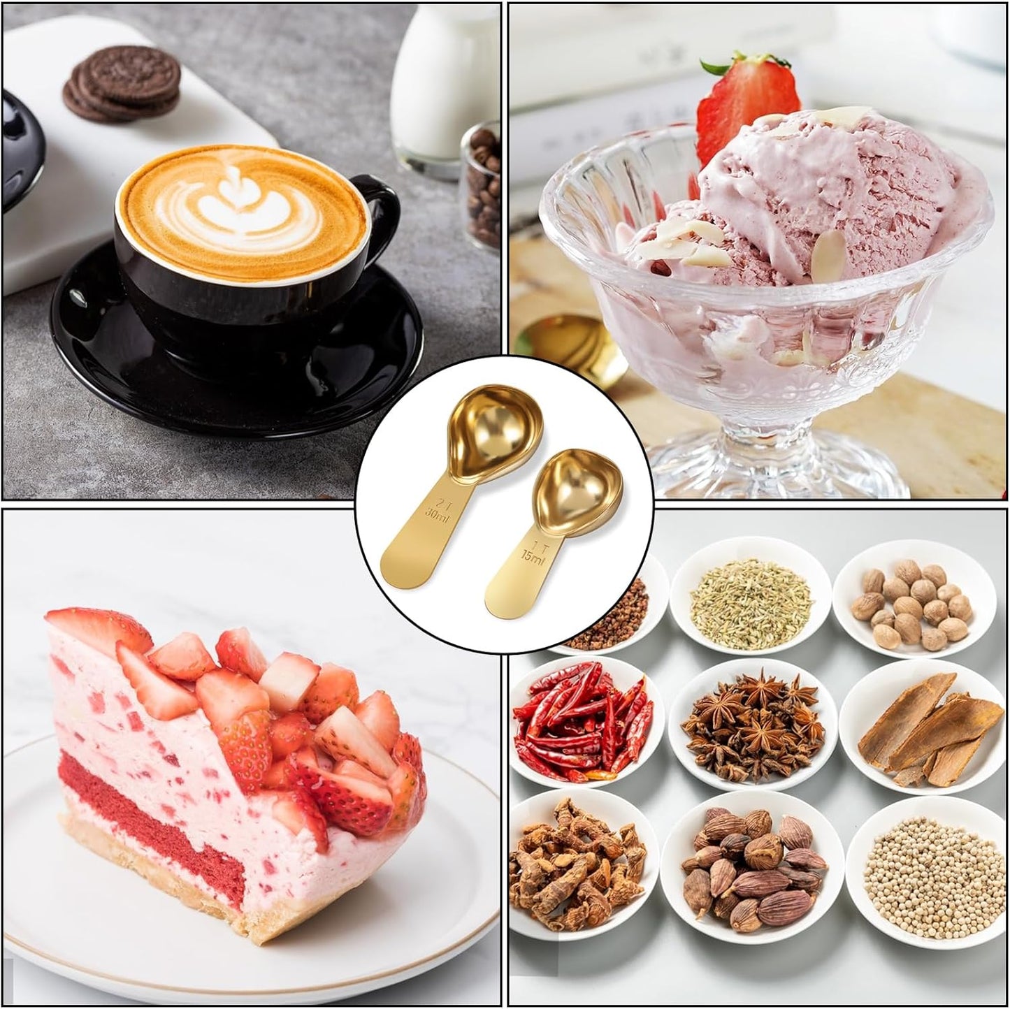 2 PCS Gold Measuring Spoons, 15 Ml and 30 Ml Stainless Steel Coffee Spoons Set Coffee Scoop for Ground Coffees, Long Handle Tablespoon Measuring Spoon for Milk Sugar Protein Brewin Gold Tea Spoon