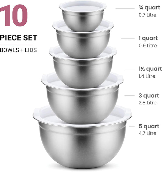 FineDine Stainless Steel Mixing Bowls Set with Lids, Home Kitchen Cooking Essentials Household Must Haves for Baking, 5 Pieces