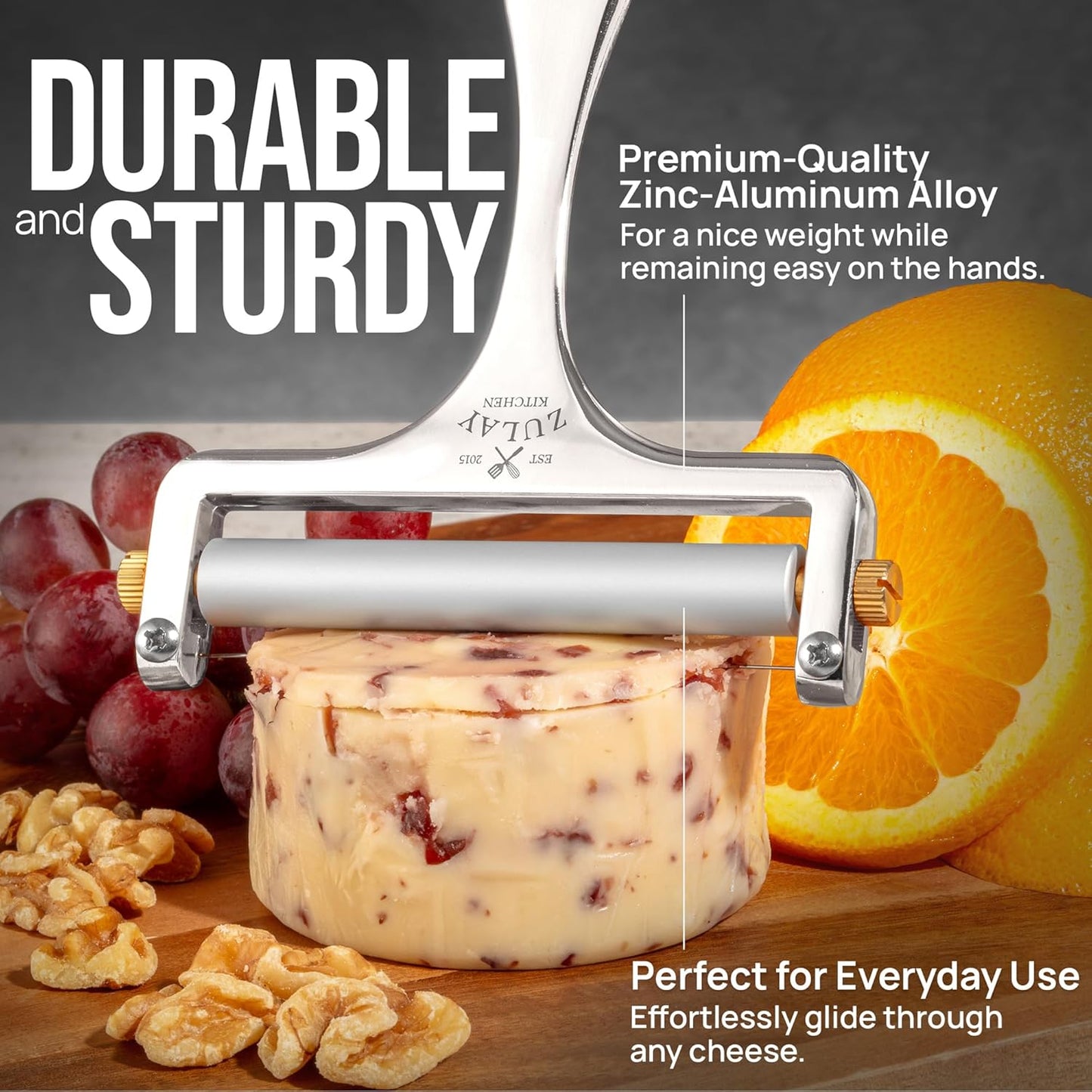 Zulay Kitchen Stainless Steel Wire Cheese Slicer - Adjustable Hand Held Cheese Cutter with 2 Extra Wires - Premium Cheese Shaver For Mozzarella, Cheddar, Gruyere - Cheese Cutter with Wire (Gunmetal)
